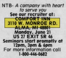 Alma Comfortable Inn and Shifters Restaurant - Jun 1999 Ad (newer photo)